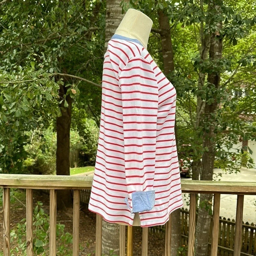 NAUTICAL RED White Striped SAILOR Top Chambray Trim Crew Neck Medium - Picture 3 of 8